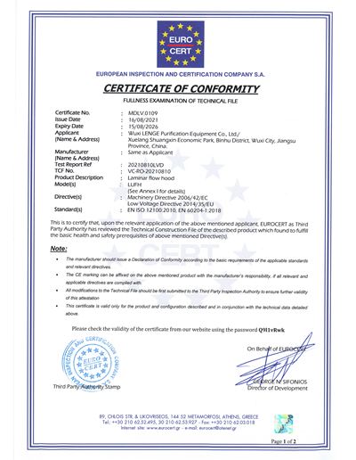 CE certificate of Laminar Airflow System